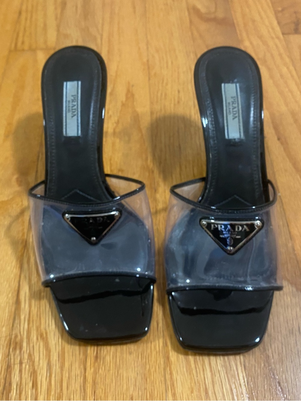 Prada Black Patent & Clear Logo Slide Heels
